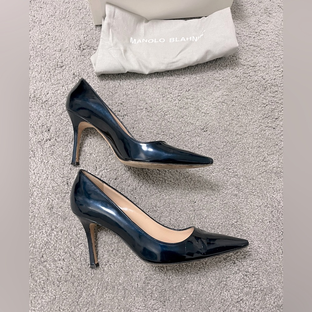 Manolo Blahnik Navy Blue Patent Newcio Pointed Toe Pumps Heels Size 8 / 38 - Picture 7 of 13